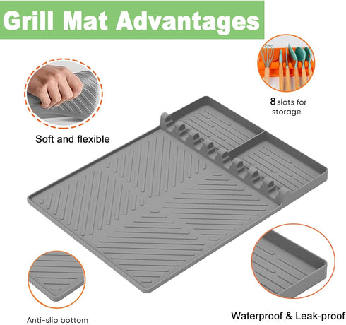Silicone Grill Side Shelf Mat for Blackstone BBQ Grill, 3 in 1 Silicone Spatula Mat with Drip Pad,Large Silicone Utensil Rest for Multiple BBQ Gri...