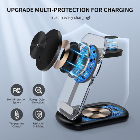 3 in 1 Magnetic Wireless Chargers for iPhone Devices,Fast Foldable Mag-Safe Charger Stand with Night Light for iPhone 15/14/13/12 Series,iWatch Ul...