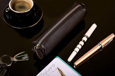 Italy Zippered Fountain Ballpoint Rollerball Pens and Pencils Case Holder Pouch Genuine Full Grain Soft Nappa Leather (Nappa Brown)...