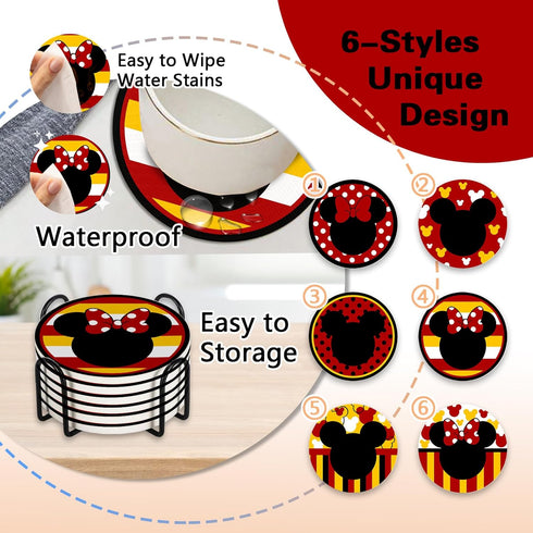 Cute Cartoon Mouse Drink Coasters with Holder Set of 6, Red Yellow Absorbent Ceramic Cup Mat for Coffee Table Protection, 4 Inch Polka Dot Stripes...