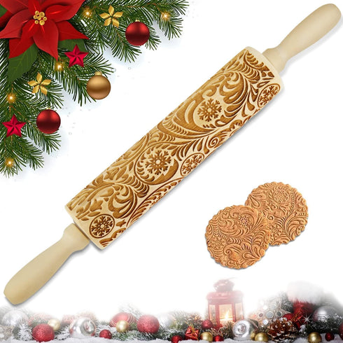 Wooden Engraved Rolling Pin with Christmas Snowflake Designs - For Baking Cookies and Decor...