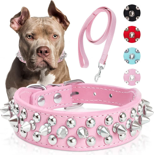 Dog Collars for Medium Dogs with Leash, Epesiri Spiked Dog Collar for Large Dogs, Girl Pink Dog Collar, Studded Rivet Pit Bull Leather Dog Collar ...