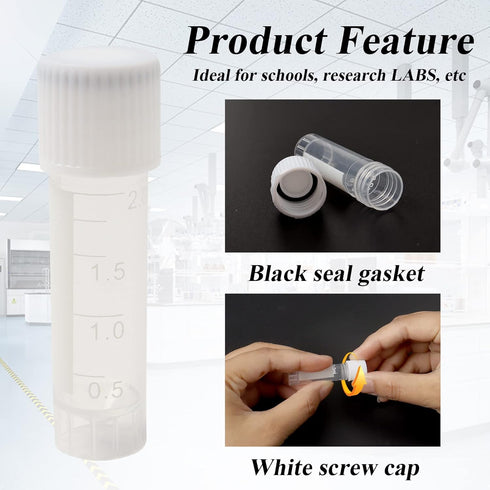100 Pack 2ml Plastic Vials Self Standing Cryogenic Vial Lab Small Lab Vial Plastic Vial Seal Cap Container for Laboratory School...