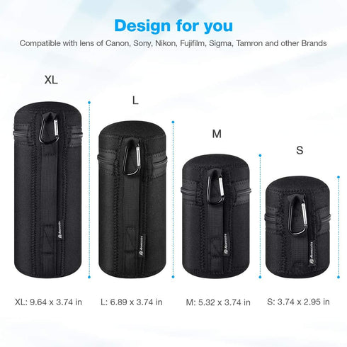 Powerextra 4x Zipper Lens Case Lens Pouch Bag with Thick Protective Neoprene for DSLR Camera Lens Fit for CA Nikon Sony Olympus Panasonic Includes...