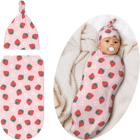 Swaddling Blanket for Baby, Sleeping Sacks, Unisex Baby Stuff with Hat, Strawberry...