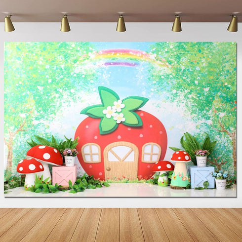 Yeele 7x5ft Strawberry Birthday Backdrop Cartoon Green Tree Rainbow Mushroom House Photography Background Berry One Sweet Girl Birthday Baby Showe...