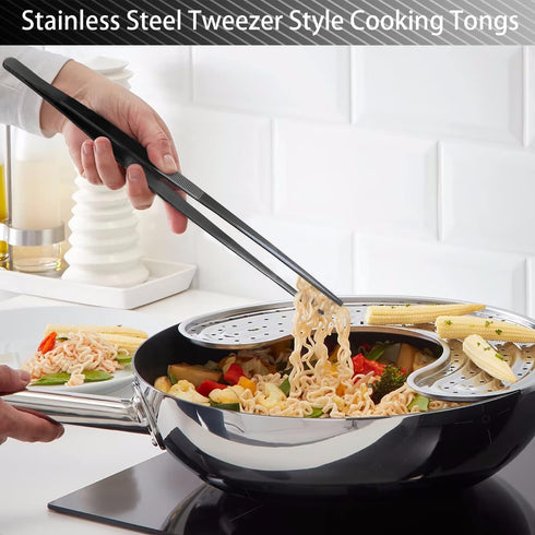 JETKONG 4 Pcs Kitchen Tweezers Professional Stainless Steel Cooking Tweezers Set, Black Kitchen Food Tweezer Tongs for Cooking, Repairing, and BBQ...