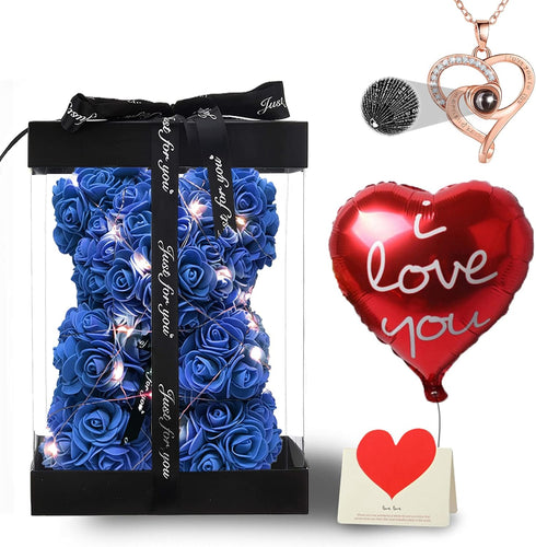 U UQUI Blue Rose Bear Anniversary Flowers Gift for Her, Anniversary Rose Gifts for Wife Flower Bear, Rose Teddy Bear with Box Lights Necklace Ball...