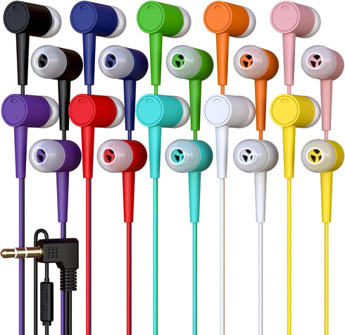 10 Pack Multi Color Kid's Wired Microphone Earbud Headphones, Individually Bagged, Disposable Earbuds with Mic Ideal for Students in Classroom Lib...