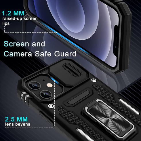 DEERLAMN for iPhone 12 Case,iPhone 12 Pro Case with Slide Camera Cover+Screen Protector(2 Packs),Rotated Ring Kickstand Military Grade Shockproof ...