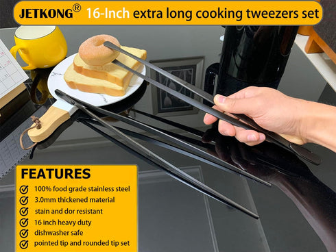 JETKONG 2 Pcs 16-Inch Heavy Duty Plating Tongs, Extra-Long Kitchen Fine Tongs Large Stainless Steel Cooking Forceps (Black)...