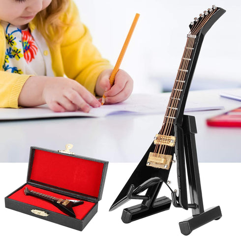 Pssopp Wooden Miniature Electric Guitar Mini Black Musical Instrument Miniature Dollhouse Guitar Model with Stand and Case for Dollhouse Decoratio...