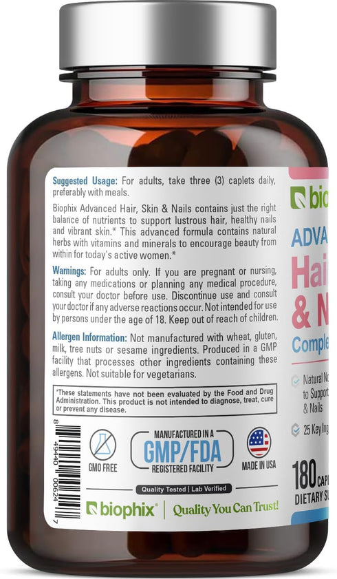 biophix Hair Skin and Nails Complex 180 Caplets with 10,000 mcg Biotin - Multivitamin Supports Strong Nails Beautiful Hair Healthy Aging...