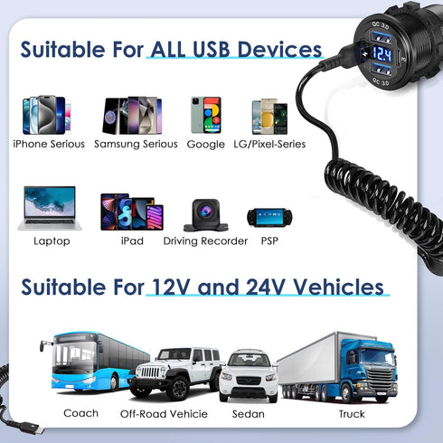 ?Upgraded Version? 78W 12V USB Outlet Qidoe 4 Port Dual 30W PD & Dual Quick Charge 3.0 Aluminum USB 12V Charger Socket with Voltmeter USB C to USB...