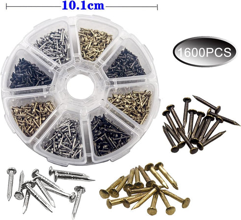 newlng 1600pcs Small Tiny Nails Wooden Screws Compact Antique DIY Decorative Box Accessories Mini Nails Gold Silver Bronze 1x6mm, 1x8mm 1x10mm Box...