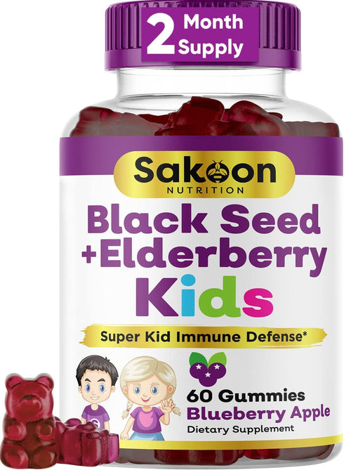 Elderberry & Black Seed Oil Gummies for Kids, Immune Support, with Vitamin C and Zinc, Delicious Berry Flavor, 60 Gummies...