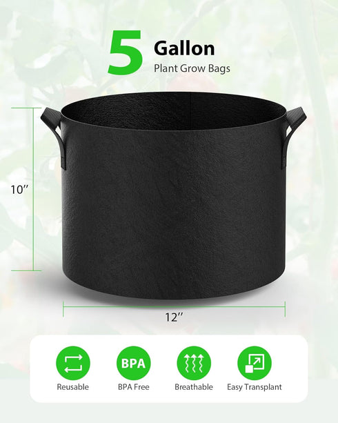 5-Pack Grow Bags 5 Gallon Thickened Plant Grow Bags Multi-Purpose Nonwoven Fabric Pots with Durable Handles, Outdoor Garden Plant Pots for Fruits ...