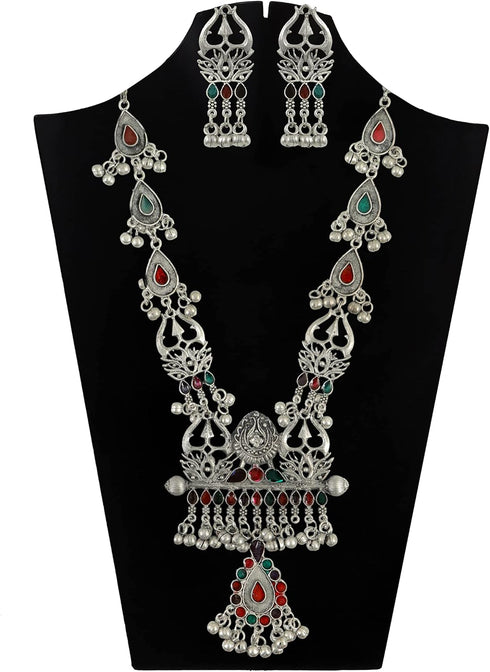 Ethnic Designer Traditional Indian Afghani Antique Silver Oxidized Black Polish Trishul Long Necklace Jewelry...