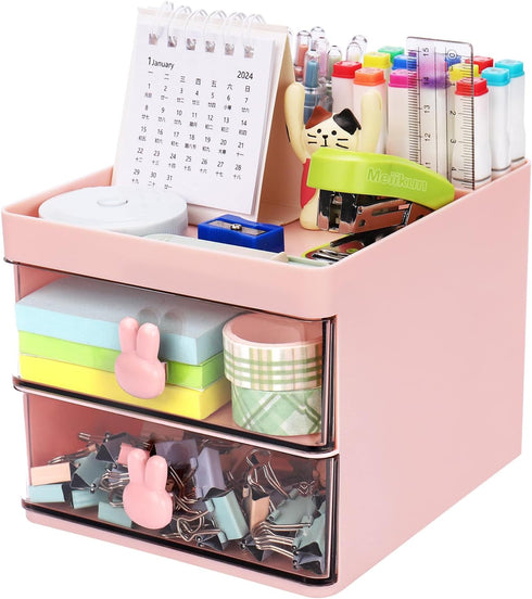 Desk Organizer, Pen Holder for Desk, Cute Pen Organizer with Drawer, Small Office Desk Accessories for Art Supply Desktop Storage (2 Drawers+3 Com...