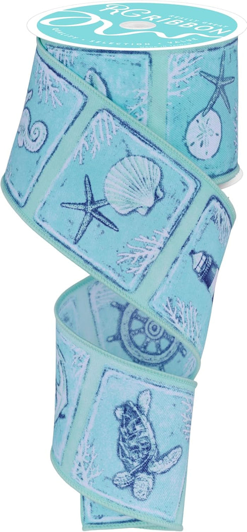 Coastal Blocks Wired Edge Ribbon - 2.5" x 10 Yards (White, Blue, Turquoise, Seafoam)...