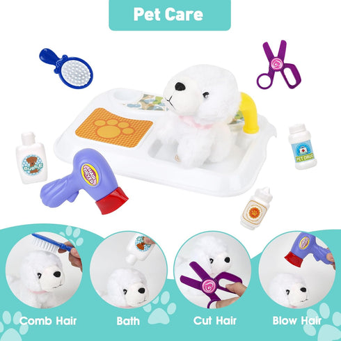 Pet Care Play Set for Kids, 16Pcs Doctor Kit Pretend Play Vet Dog Grooming & Feeding Toys with Backpack, Educational Toys for Girls and Boys 3-7 Y...