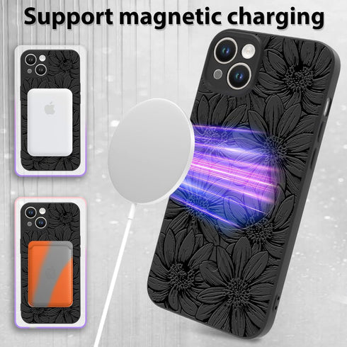MZELQ for iPhone 13 Case, Silicone Black Floral Flowers Cute Pattern, Magnetic Compatible with MagSafe Sunflowers Camera Protection Phone Case...