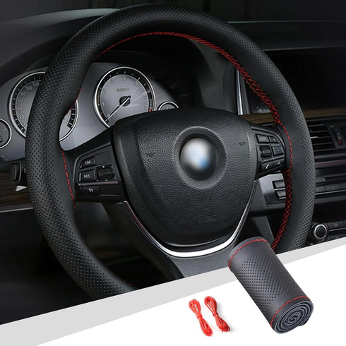 1 PC Car Steering Wheel Protector Cover, 14.96" Hand-Stitched Leather Sweat-Absorbent Steering Wheel Cover Tie with Air Hole, Motors Comfort Touch...