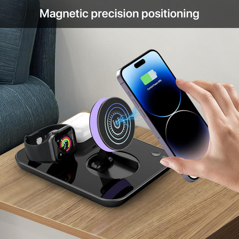 Wireless Charger, 4 in 1 Fast Charging Station,Colorful Night Light,Qi Foldable Magnetic Wireless Phone Charger Stand for iPhone, Apple iWatch, Ai...