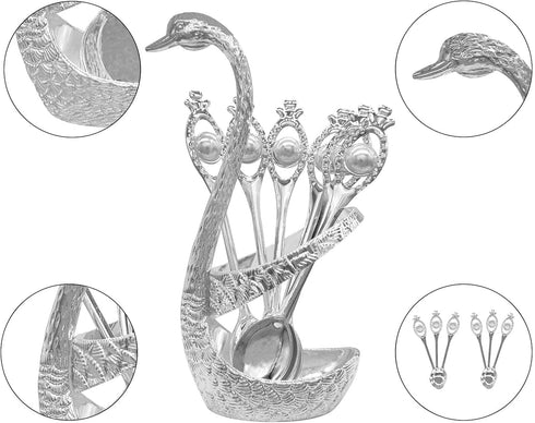 Metal Coffee Dessert Spoon Set, Swan Base Holder Spoon Organizer with 6pcs Spoons for Coffee, Fruit,Dessert,Stirring, Mixing, Sugar, Stir, Ice Cre...