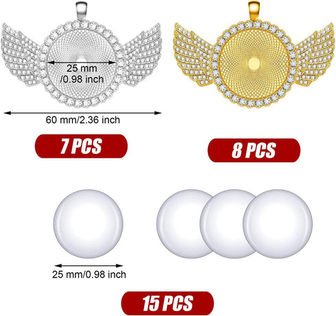 30 Pieces Rhinestone Wing Bezel Pendant Trays Set, 15 Rhinestone Blank Pendant Trays and 15 Clear Glass Cabochons for DIY Craft Jewelry Making...
