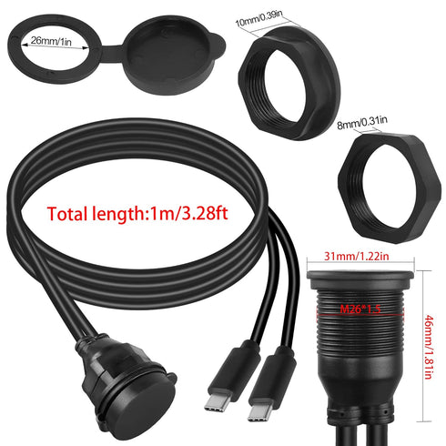 QIANRENON 2 USB C Threaded Flush Mount Waterproof Cable Dual USB C 2.0 Male to Female Car Dash Mount Extension Cable for Car Boat Truck Yacht Moto...
