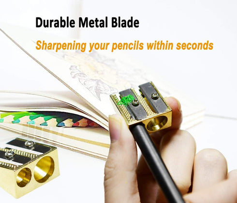 Pencil Sharpener Metal Brass Plated Sharpeners,Rectangular Dual 2 Holes Sharpeners,Hand-held Metal Sharpeners for Colored Graphite Pencils Crayons...