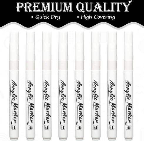 White Markers Pen, 8 Pack White Paint Pens, Fine Tip, Acrylic White Permanent Markers for Black Paper, Sketching, Drawing, Wood, Rock, Tyres, Plas...
