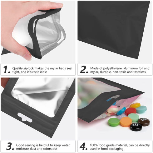 100 Pieces Resealable Mylar Bags with Clear Window Smell Proof Bags Packaging Bags Foil Pouch Zip Bags for Food Self Sealing Storage Supplies (Bla...
