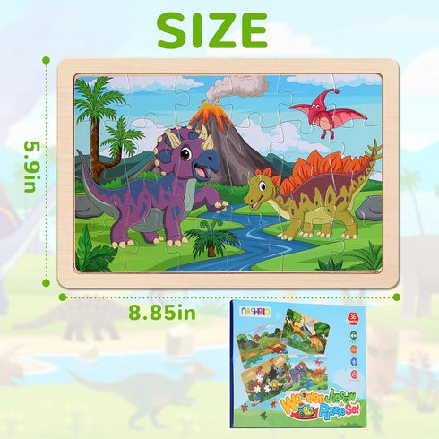Wooden Puzzles Dinosaur Toys for Kids Ages 3-5, Set of 4 Packs with 20-Piece Wood Jigsaw Puzzles, Preschool Educational Brain Teaser Boards for Bo...