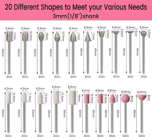 Diamond Burr Set for Dremel, Rotary Tool Grinding Cutting Wheel Stone Glass Tile Jewelry Engraving Rock Etching Masonry 1/8” Die Grinder Carving C...