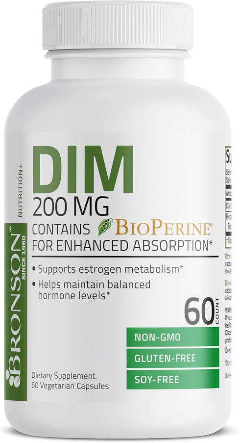 Bronson DIM Supplement 200 mg Diindolymethane with BioPerine for Enhanced Absorption, Estrogen Metabolism & Maintains Balanced Hormone Levels, 60 ...