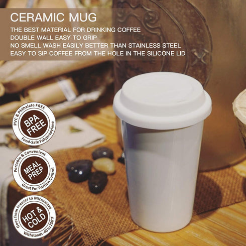 Reusable Double Wall Insulated White Ceramic Travel Coffee Cup with Lid & Sleeve, 12 fl.oz, I Am Not a Paper Cup...