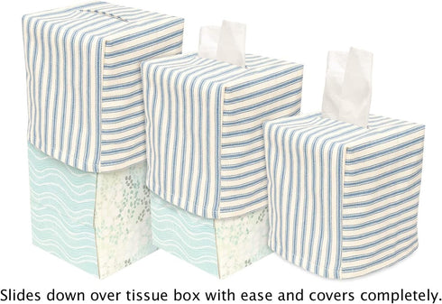 Fabric Tissue Box Cover, Tissue Holder Slipcover, Slips Over Square Cube Cardboard Facial Tissue Boxes -Decorative Cotton Blue Floral Fabric, Made...