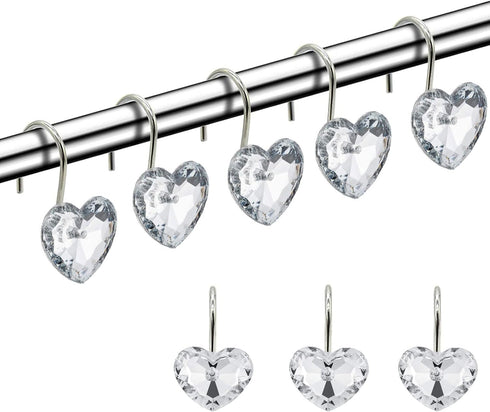 Actpe Decorative Crystal Heart Shape Shower Curtain Hooks Rust Resistant Hooks Glide Shower Ring Hangs Holder Bling for Bathroom, Pack of 12...