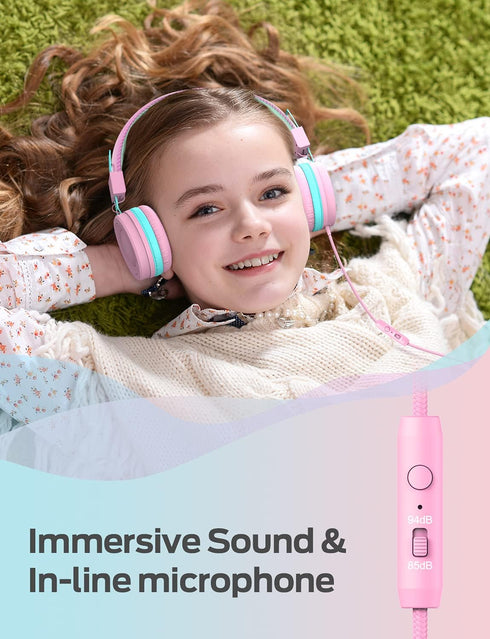 iClever Kids Headphones with Microphone for School - 85dB/94dB Volume Control, Wired Headphones for Kids Girls Boys, Adjustable Foldable On-Ear He...