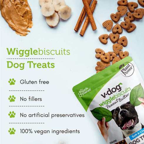 V-dog Soft and Chewy Vegan Wiggle Dog Biscuits - Dog Training Treats - Small, Medium and Large Breeds - Natural Peanut Butter Flavor Superfoods - ...