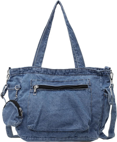 Denim Tote Bag, Large Capacity Jean Purses for Women Denim Crossbody Handbags with Small Purse...