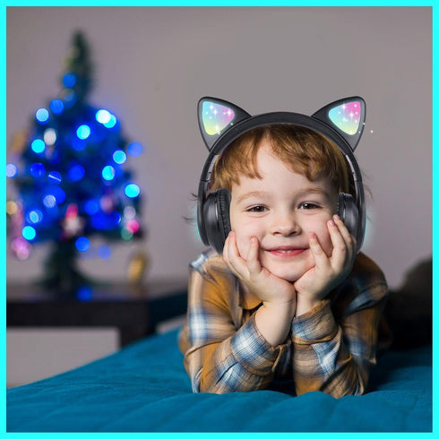 Wireless Kids Headphones for Boys Girls, Cat Ear LED Light Up Bluetooth Headphones with Microphone for School/Travel/Sports/Gaming/Gifts/Christmas...