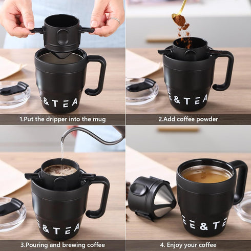 Bincoo 480ML Stainless Steel Coffee Mug with Straw-Pour Over Coffee Maker Set with Collapsible Coffee Dripper Thermal Coffee Mug for Home Office (...