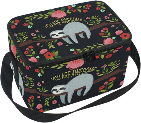 Naanle Cute Sloth on Tree Insulated Canvas Zipper Lunch Bag Cooler Tote Bag for Adult Teens Girls Boys Men Women, Animal Sloth Long Strap Lunch Bo...