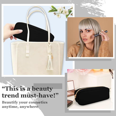 Nylon Small Makeup Bag Slim Pouch, Preppy Cute Makeup Brush Bag Black Makeup Bag Cosmetic Zipper Pouch for Purse, Waterproof Travel Toiletry Bag C...