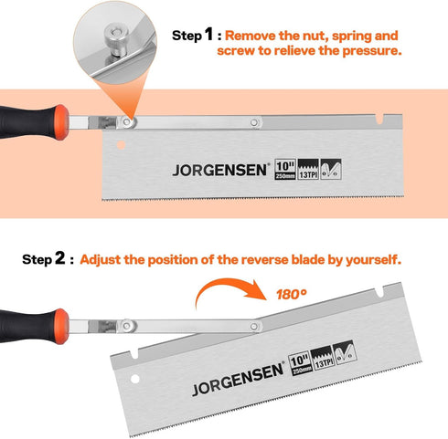JORGENSEN 10" Dovetail Reversible Saw, Professional Cutting Jamb Saw, 13TPI Double Ground Teeth Flush Cut Saw Spring Loaded Design Cranked Soft Ha...