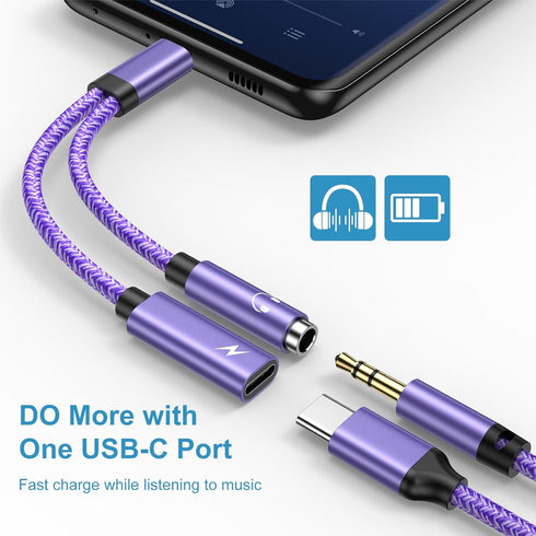 USB C to 3.5mm Audio Headphone & Android Phone Charger Adapter, 2-in-1 Type C to Aux Earphone Jack Dongle Cable & 60W Fast Charging for Samsung Ga...