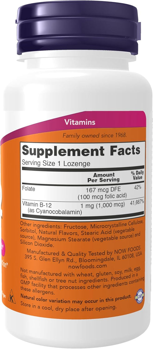 NOW Supplements, Vitamin B-12 1,000 mcg with Folic Acid, Nervous System Health*, 250 Chewable Lozenges...